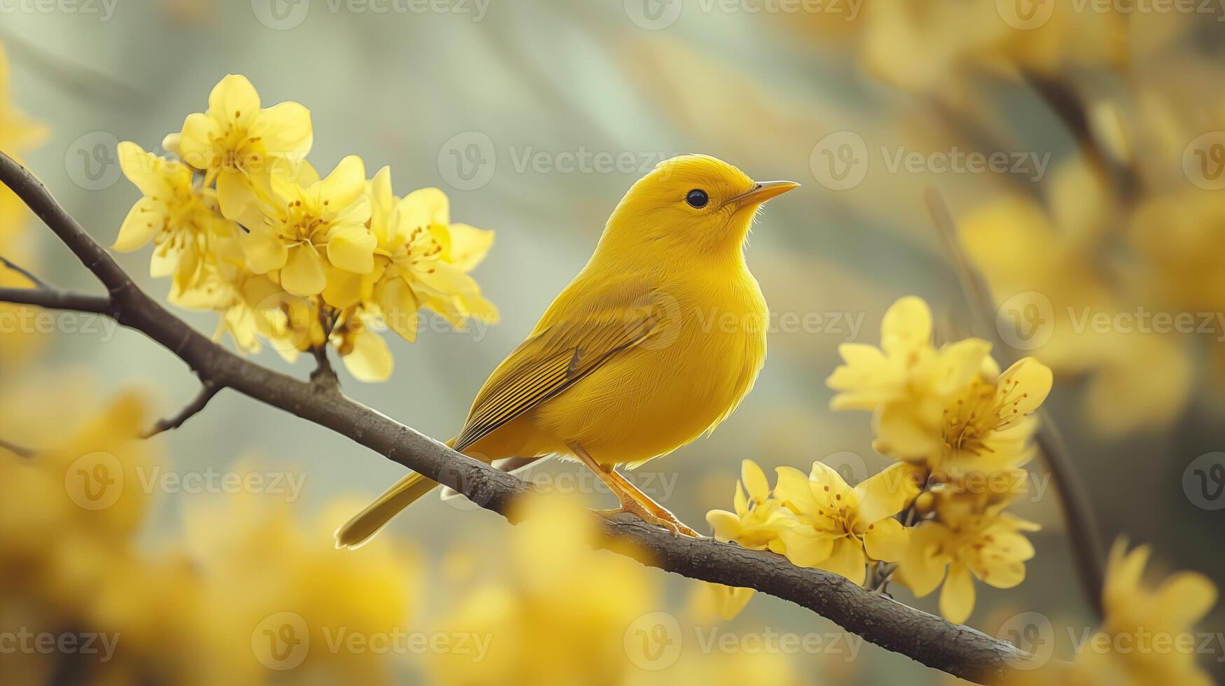 A yellow bird sits on a tree branch, surrounded by yellow flowers photo