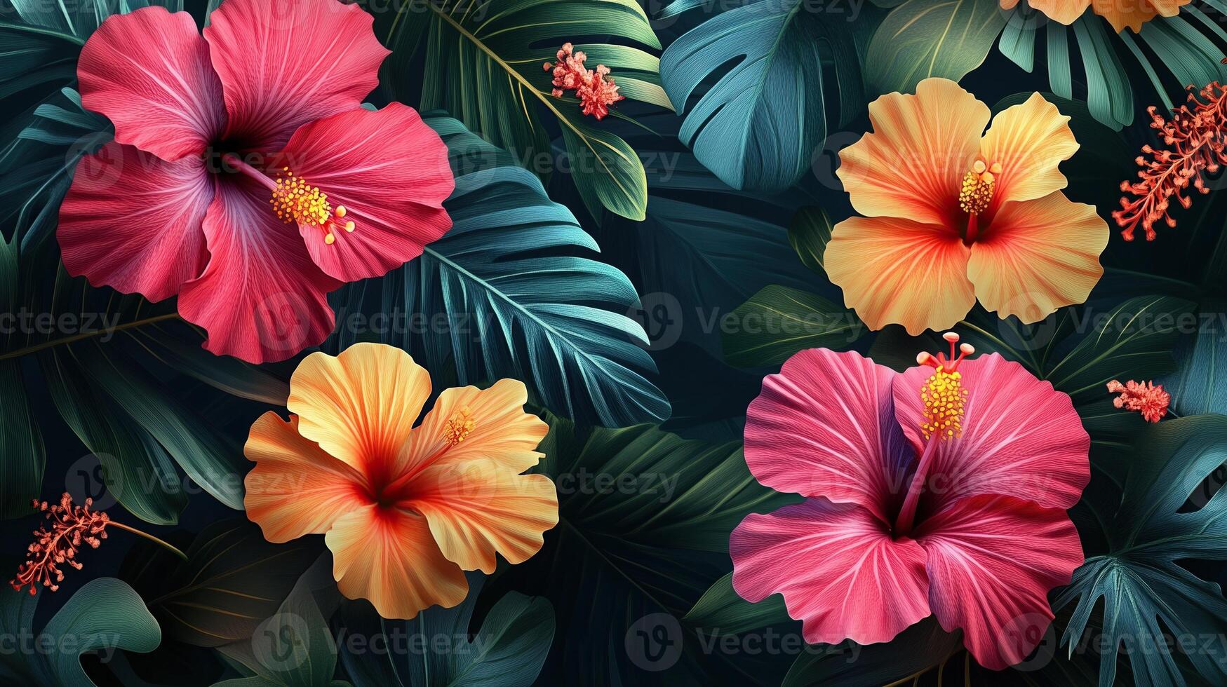 tropical hibiscus flowers, creating a vibrant and exotic atmosphere photo