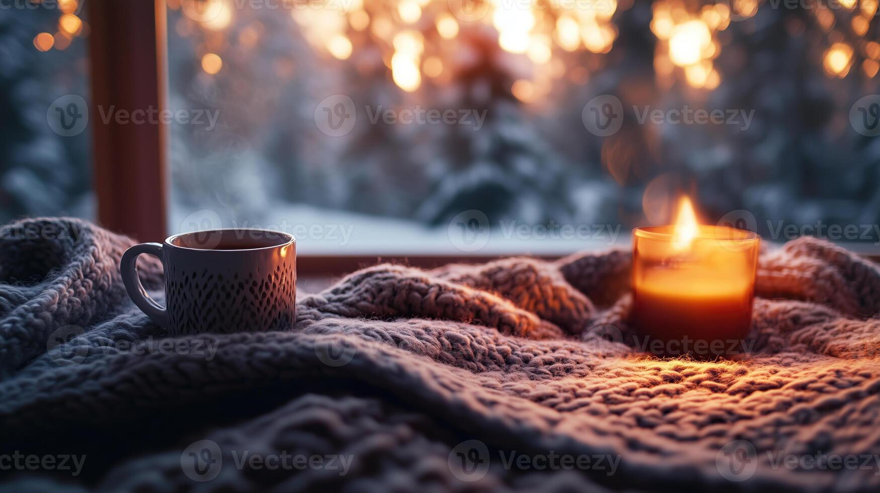 Winter warmth indoors with a cozy fire, soft blankets, and a warm drink photo