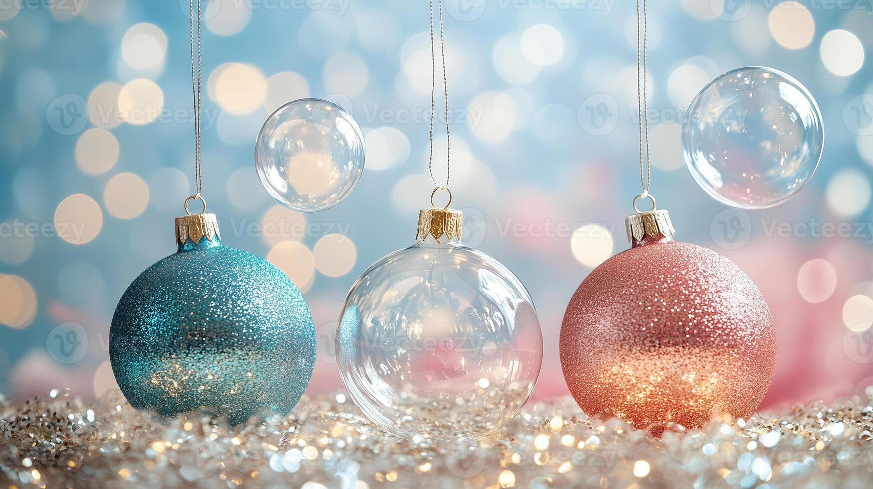 Three ornaments suspend from a string against a backdrop of blue and pink photo