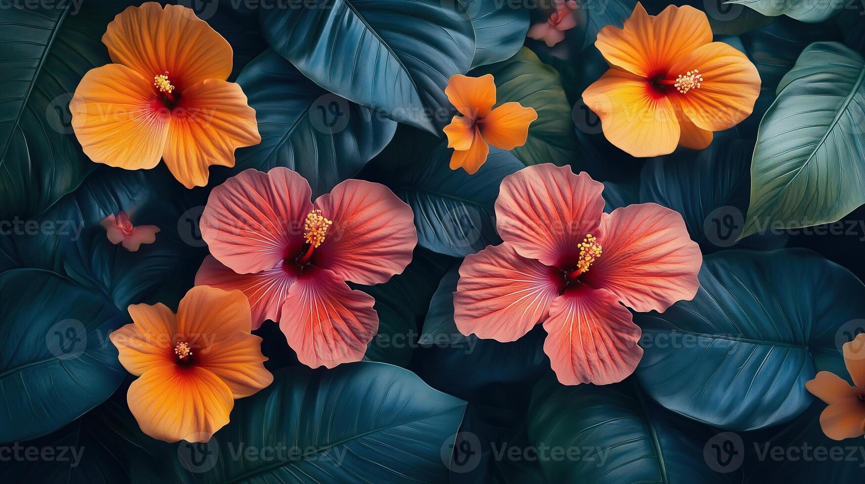 tropical hibiscus flowers, creating a vibrant and exotic atmosphere photo