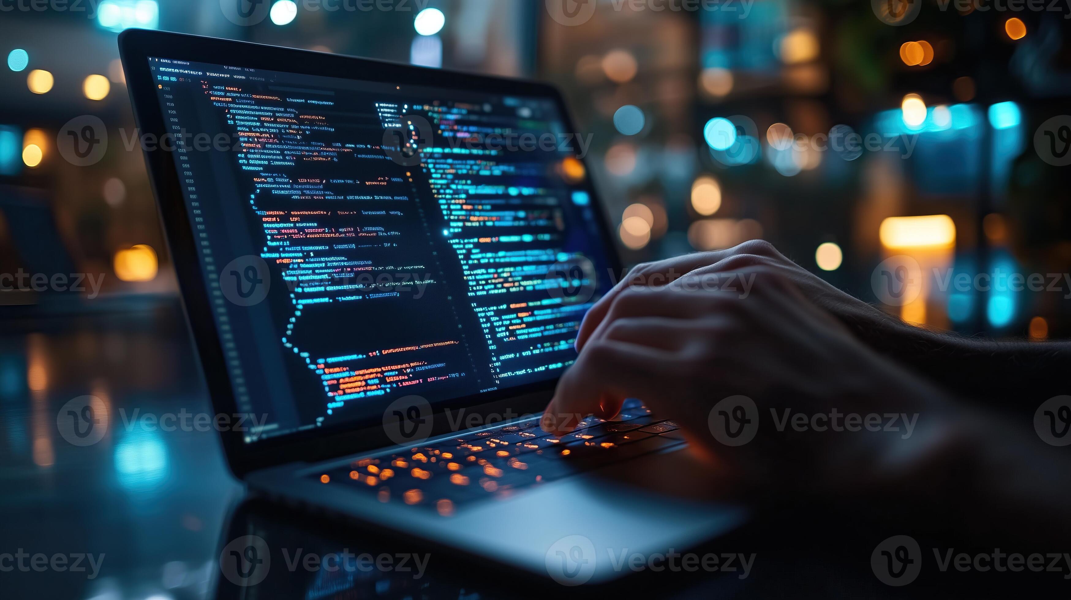 Person coding on a laptop with vibrant programming code on the screen ...