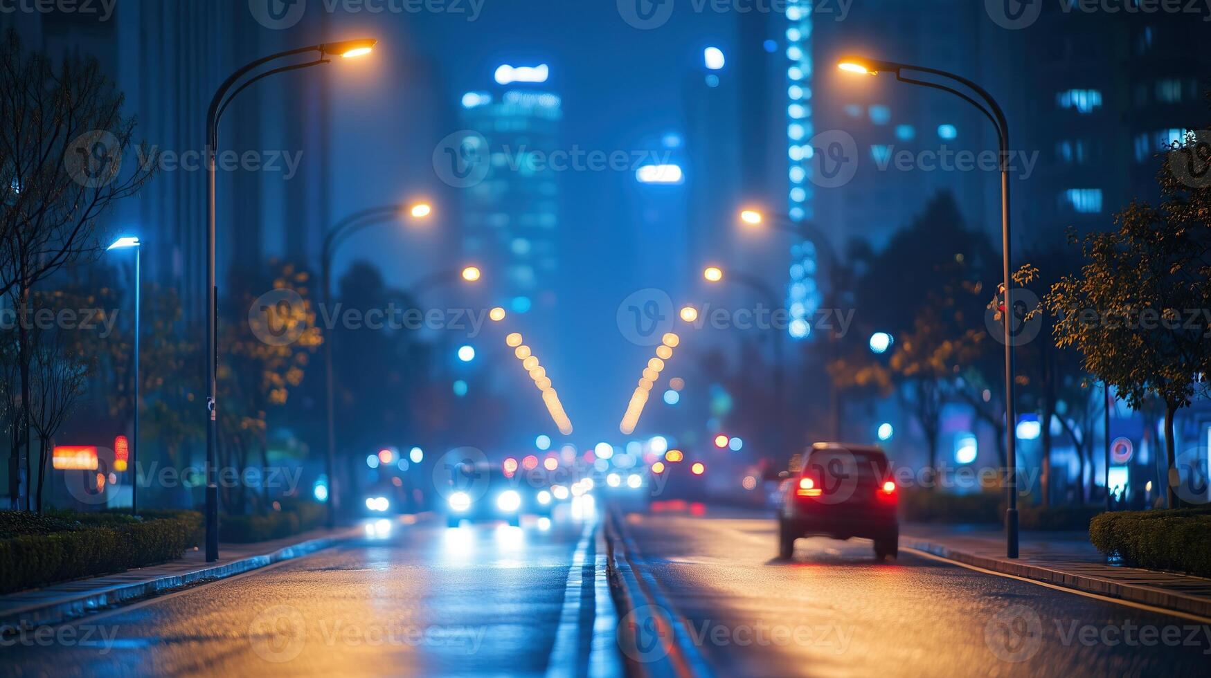 Portray a network of smart streetlights in a city that adjust brightness photo