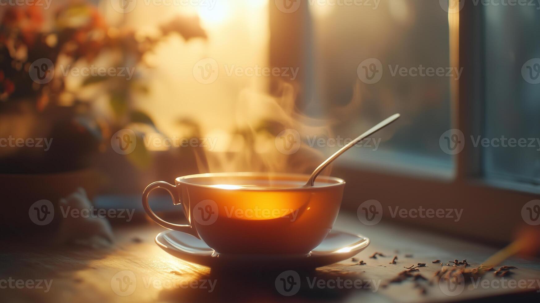 Spoon with a rounded handle, stirring a cup of tea, cozy style photo