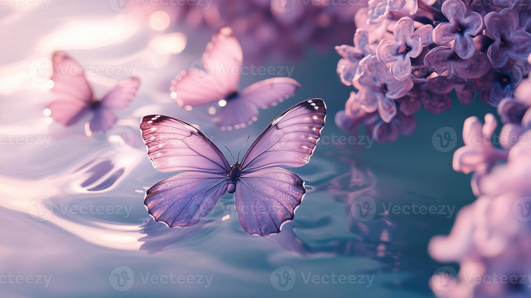 Several lilac butterflies floating in clear water light lilac photo