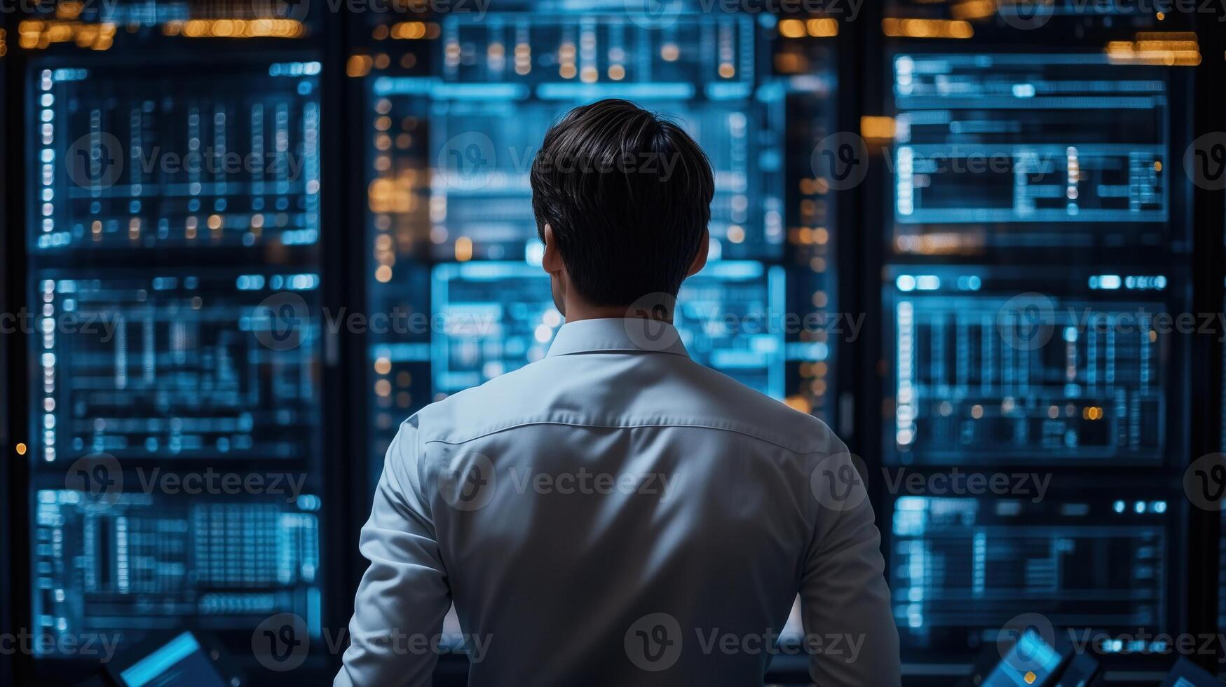 security expert in front of several computer screens photo