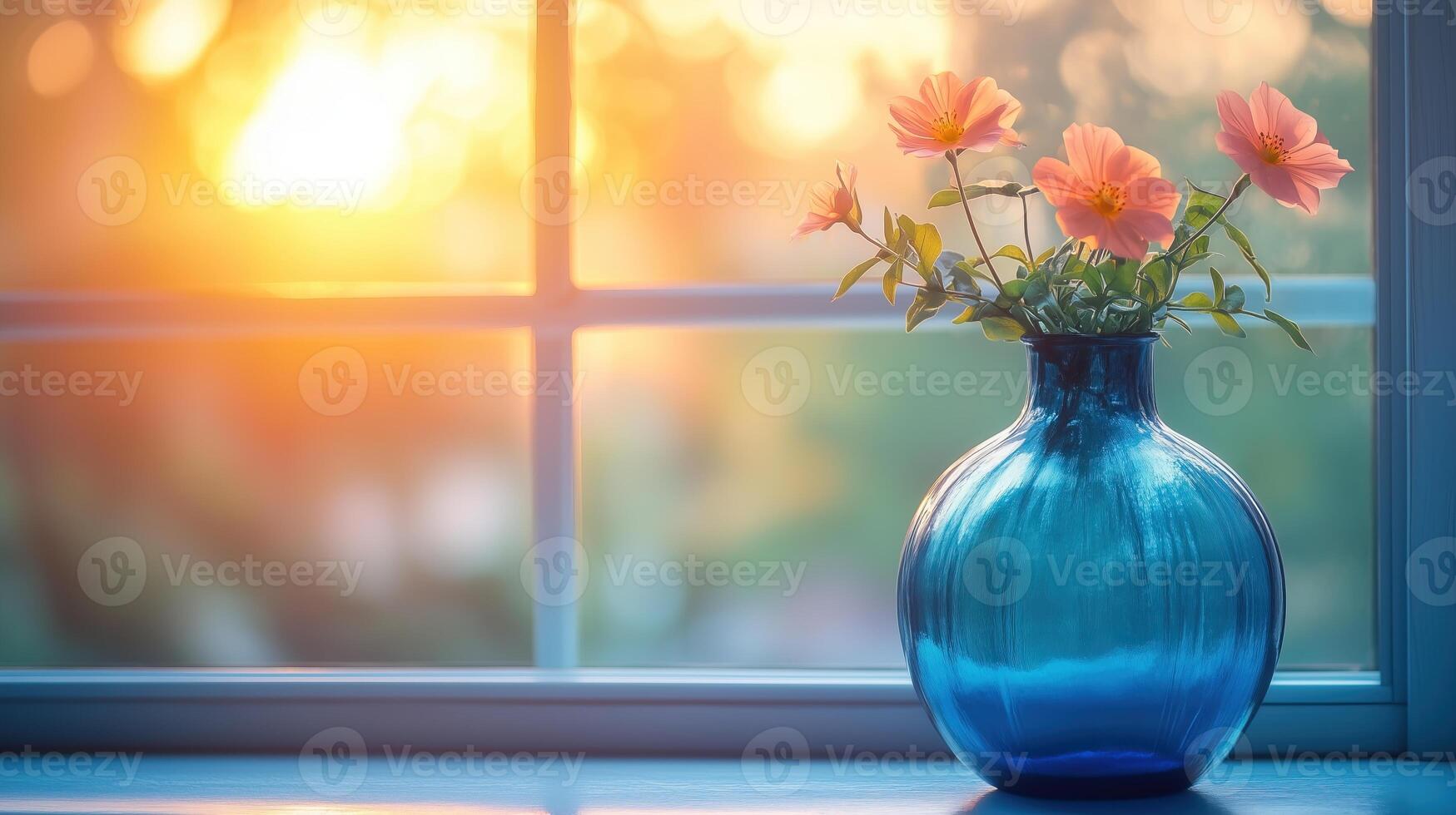 A blue-filled vase sits on a windowsill facing the sun photo