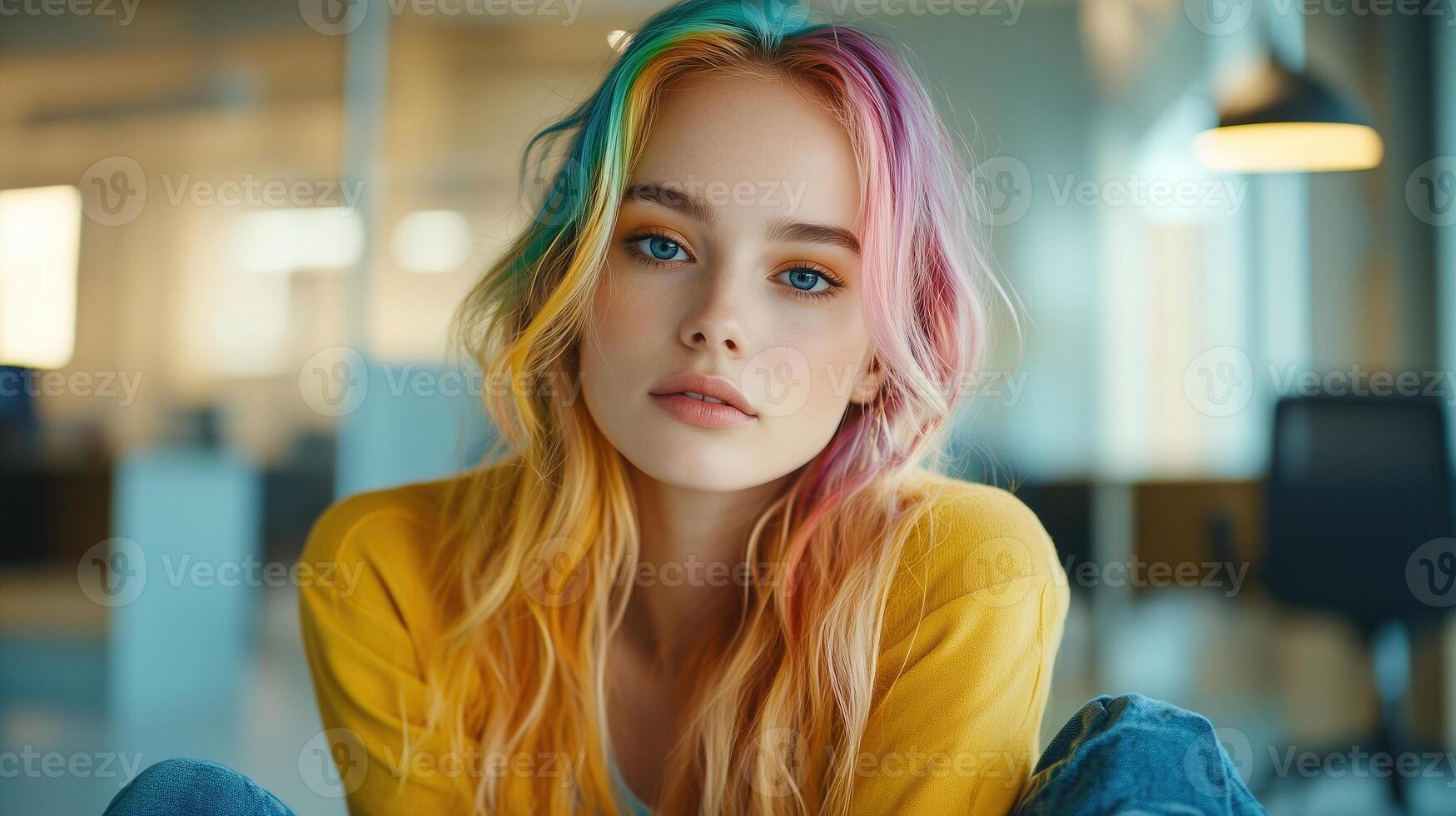 vibrant portrait of a confident young woman with rainbowcolored hair photo