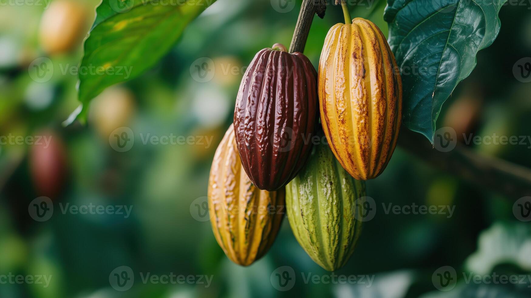 Ripe Cocoa Pods on a Cacao Tree Branch photo