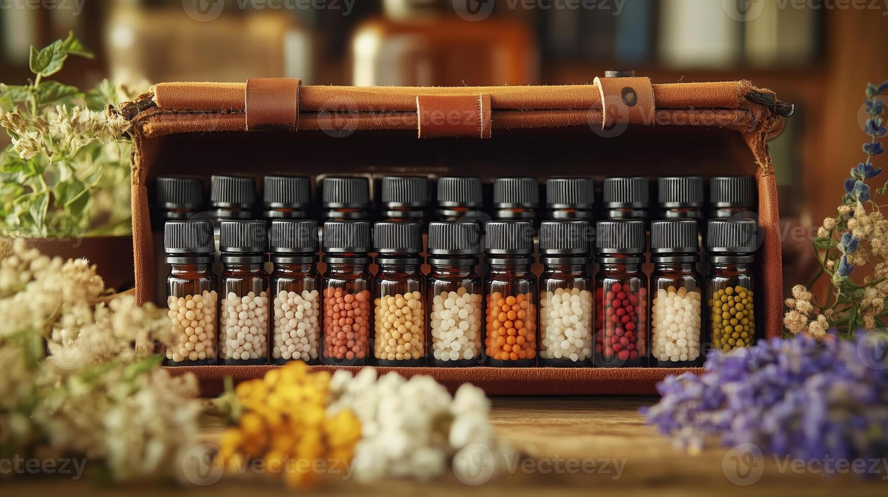 Close-up of a homeopathic first-aid kit, with small vials of remedies photo