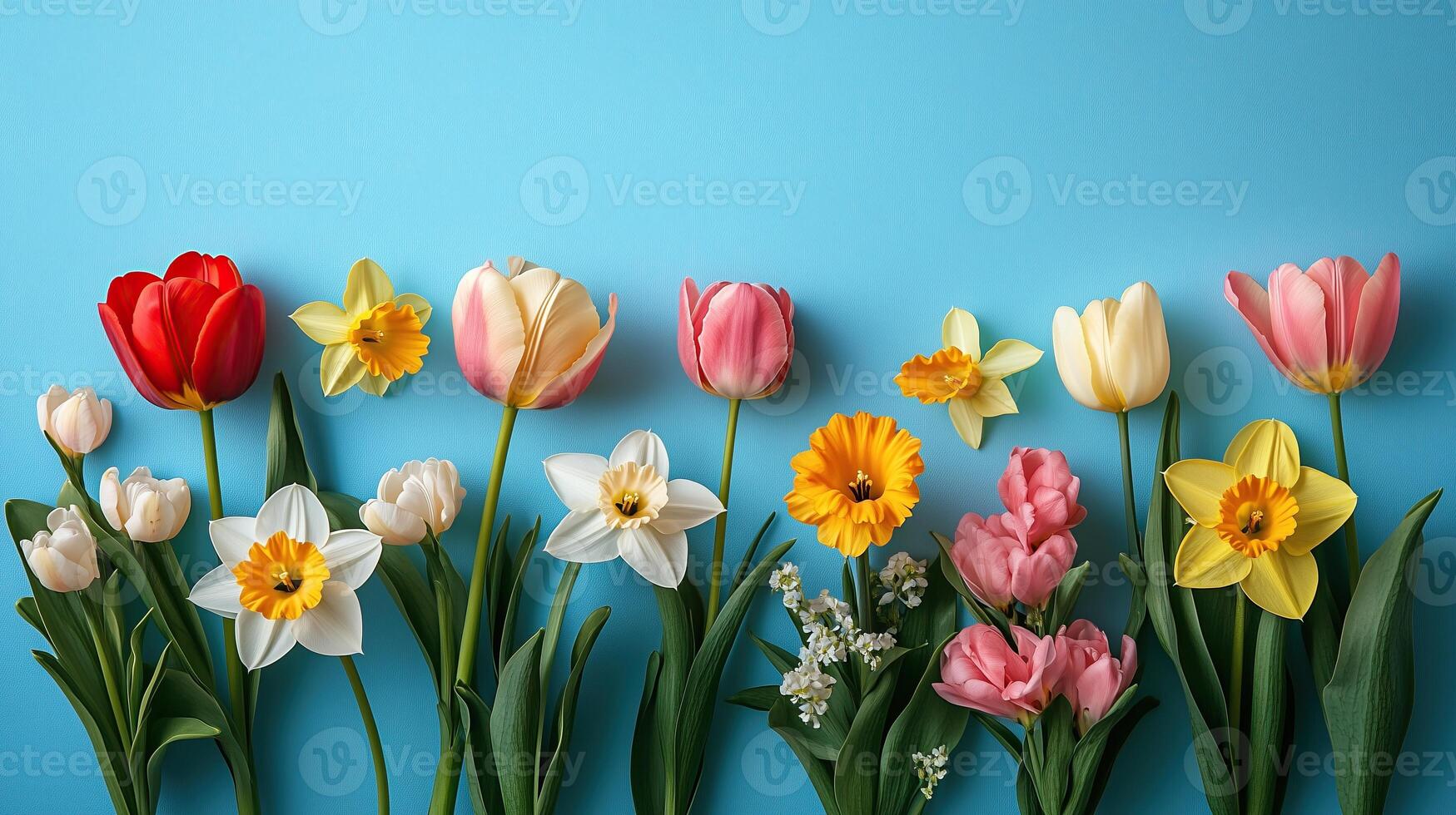 Pastel colored spring flowers tulips, daffodils, narcissus. photo