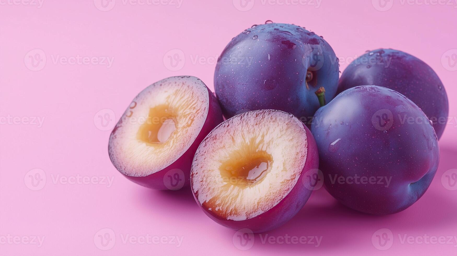 Plums stacked on pink surface with sliced one photo
