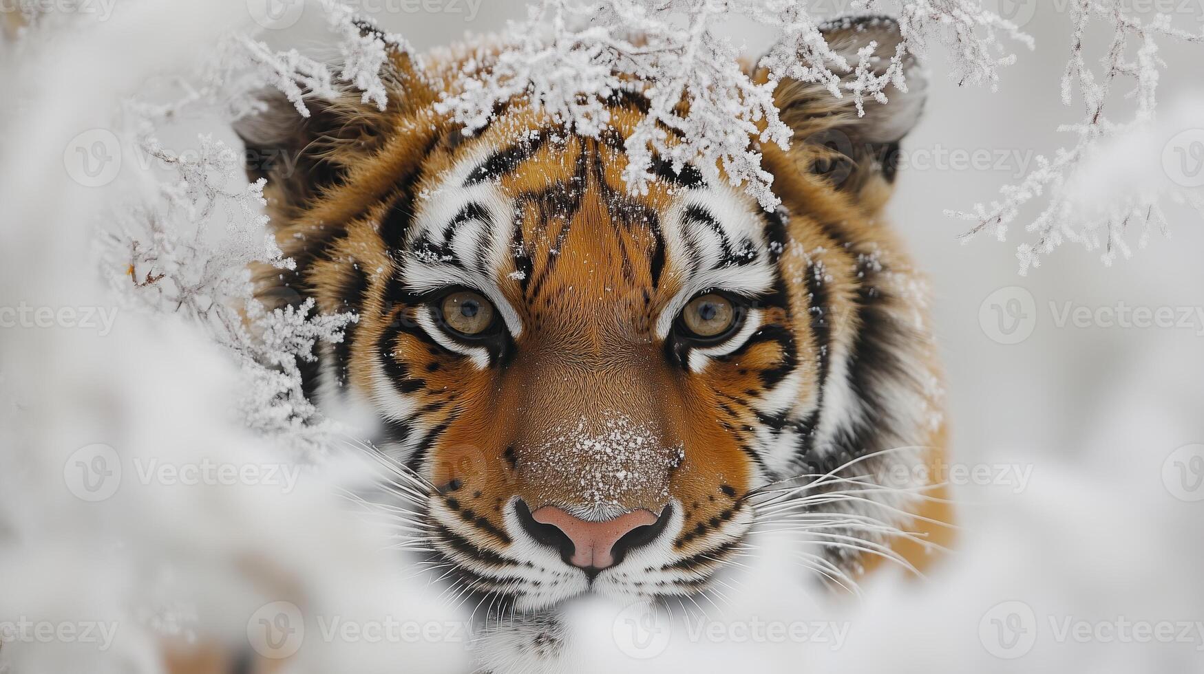 A Siberian Tiger Peering Through Frost-Covered Branches photo