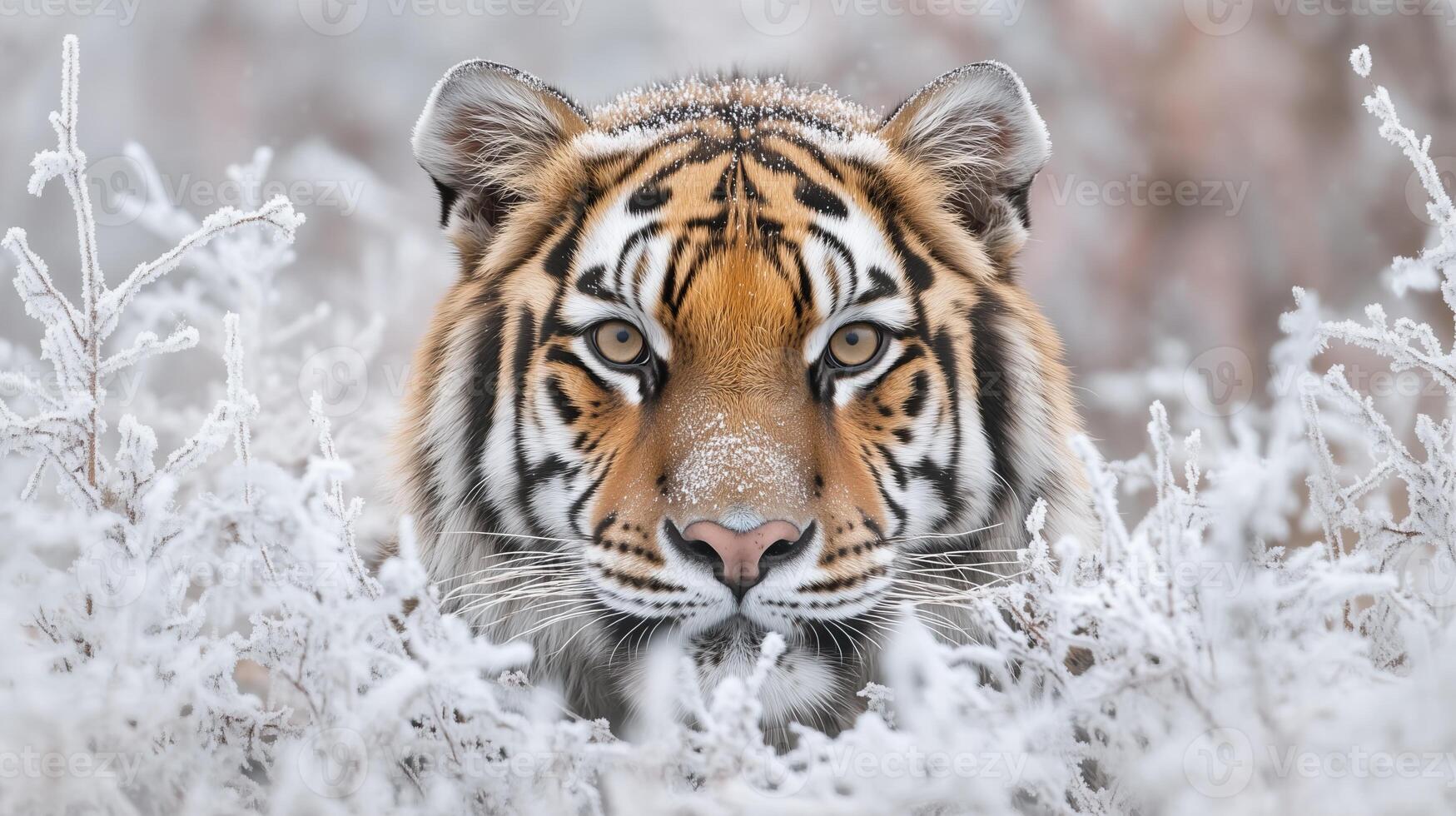 A Siberian Tiger Peering Through Frost-Covered Branches photo