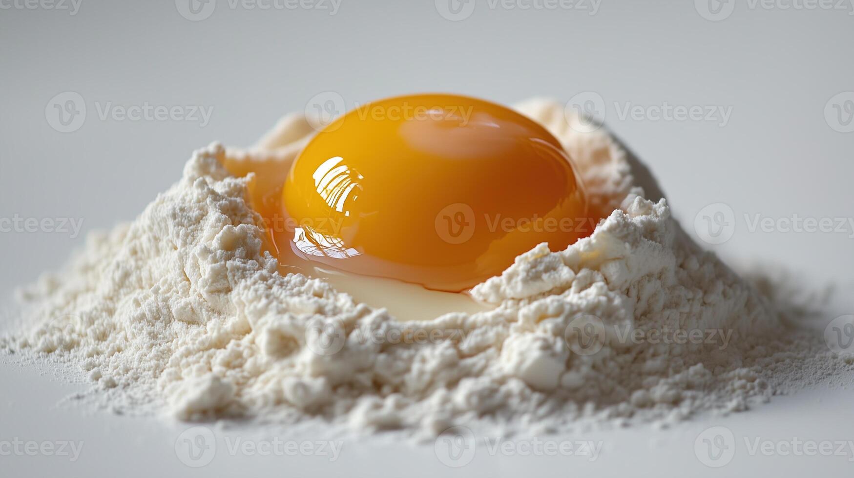 Detailed shot of a heap of flour with a single egg cracked into it photo