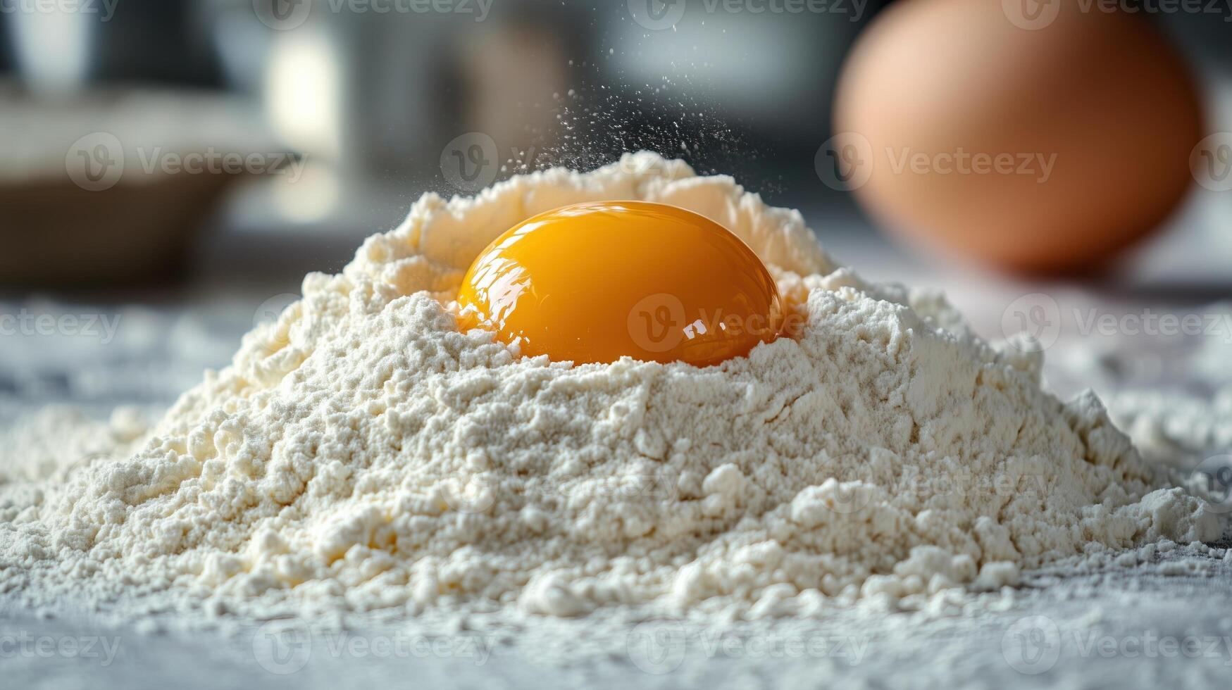 Detailed shot of a heap of flour with a single egg cracked into it photo