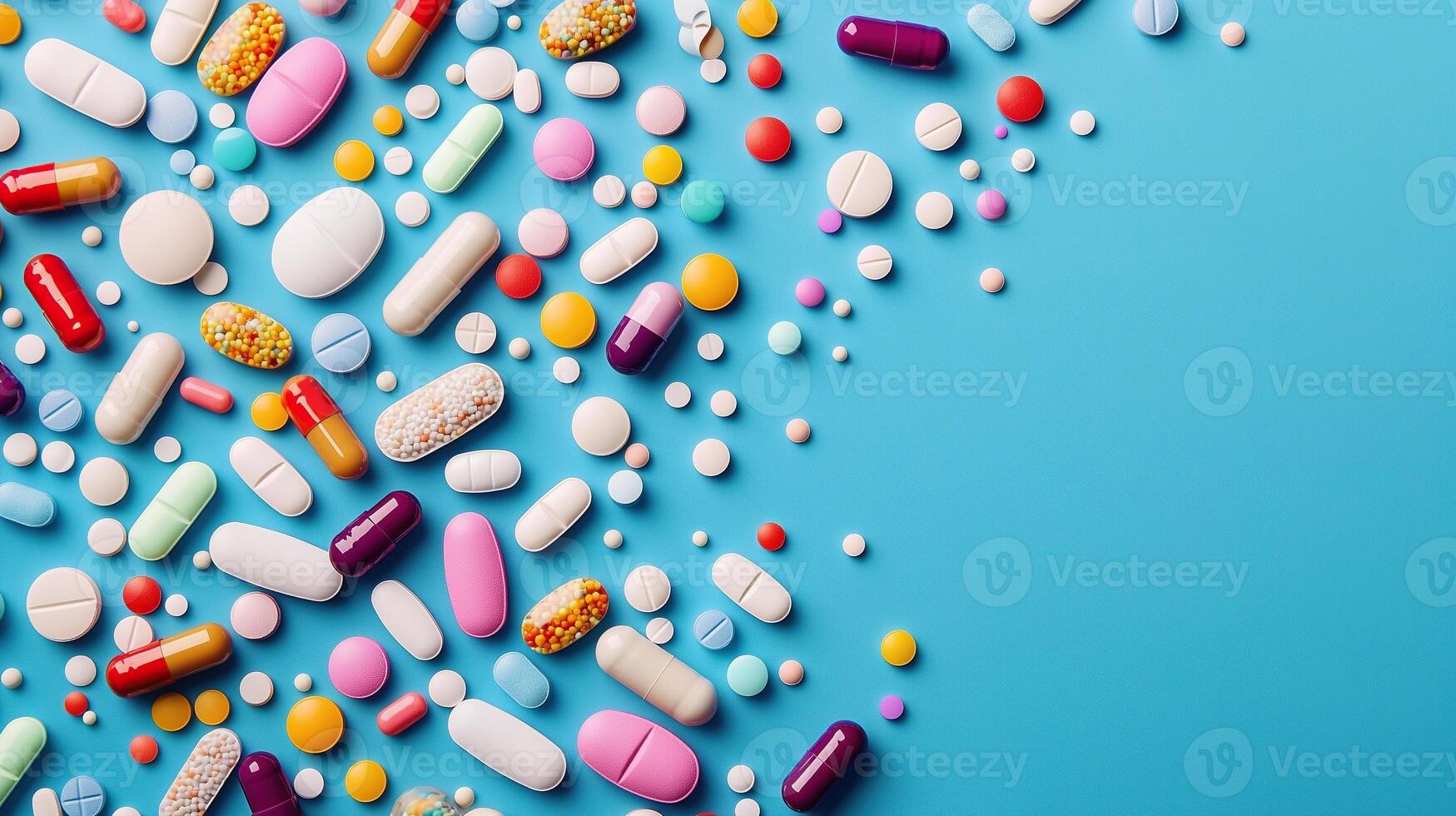 An array of various pills, tablets, and capsules in different colors photo