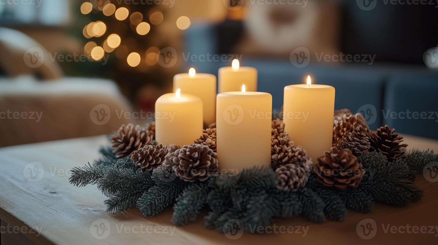 Advent wreath with candles and pinecones on a wooden table photo