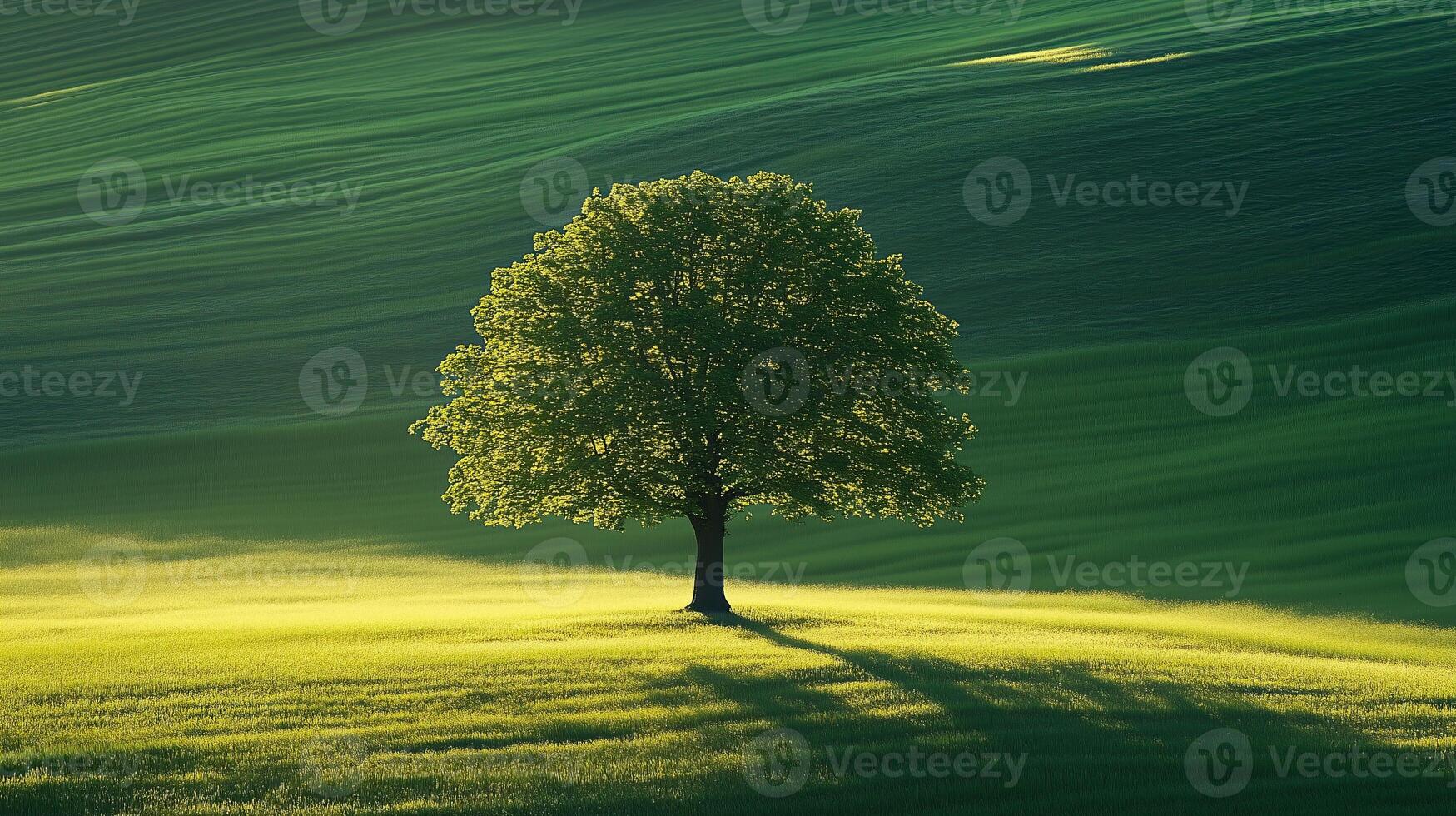 A lone tree graces the center of a lush green field photo
