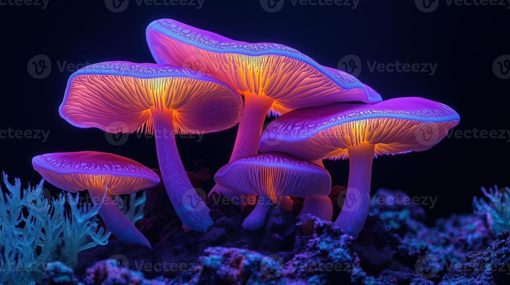 A family of magic mushrooms glowing with neon light on a black background. photo