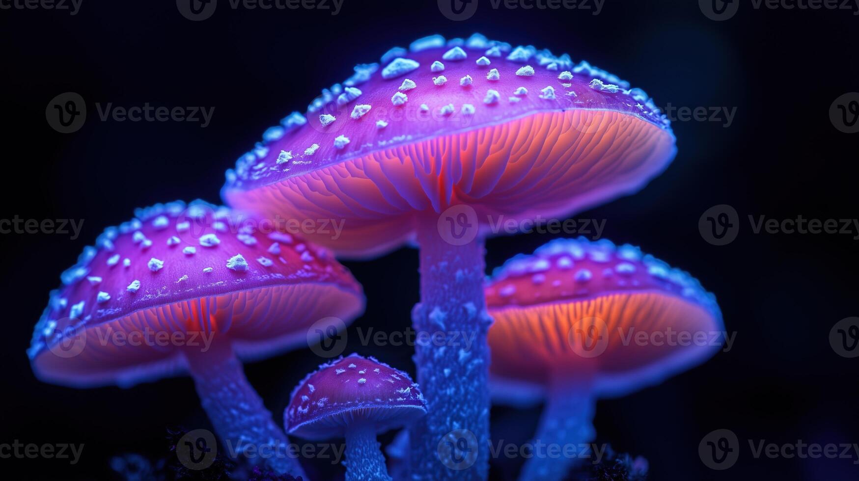 A family of magic mushrooms glowing with neon light on a black background. photo