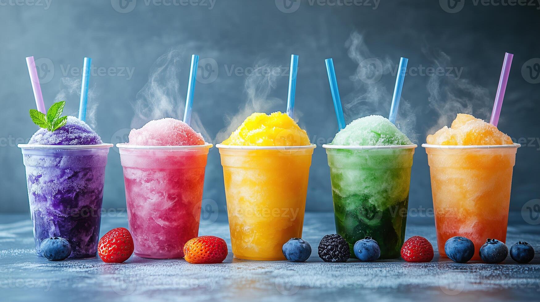 Panoramic still life of ice cream slush frozen colorful frozen fruit photo