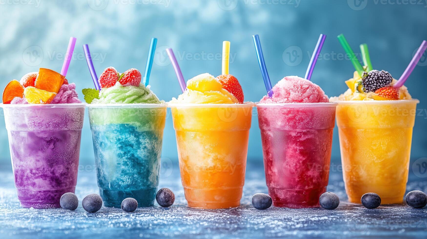 Panoramic still life of ice cream slush frozen colorful frozen fruit photo