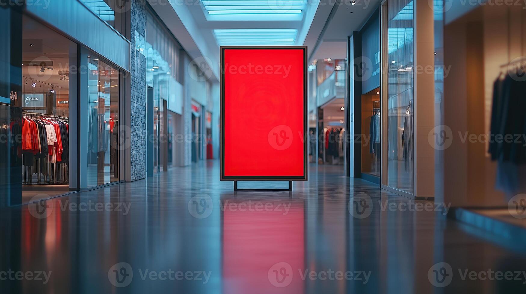 red blank sign inside shopping mall mock up advertise display frame photo