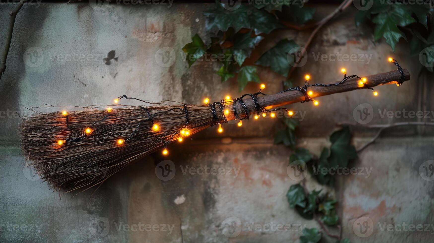 Simple witch's broom wrapped with warm orange fairy lights photo