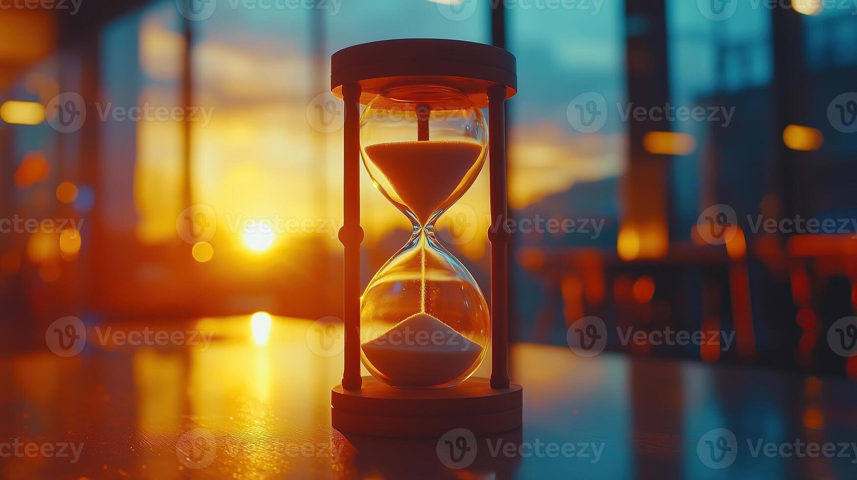 Close up view of sand hourglass stand bright table blurred office photo