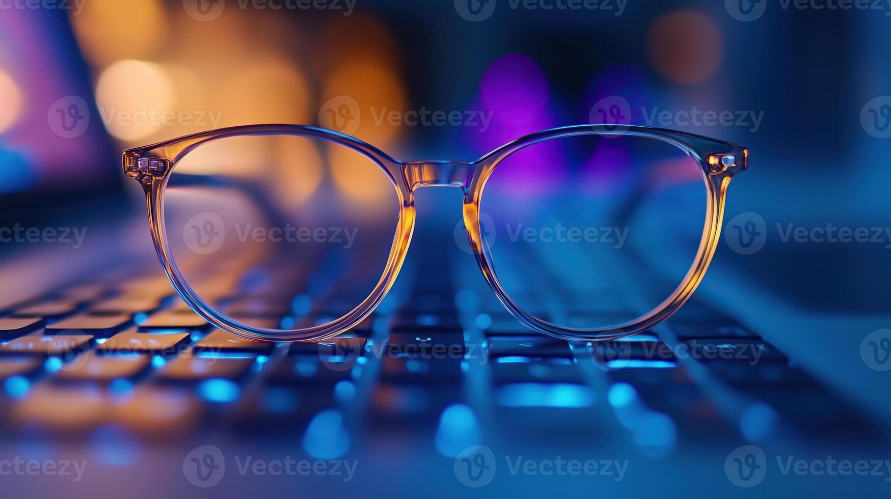 Glasses on the keyboard of a laptop, close-up photo