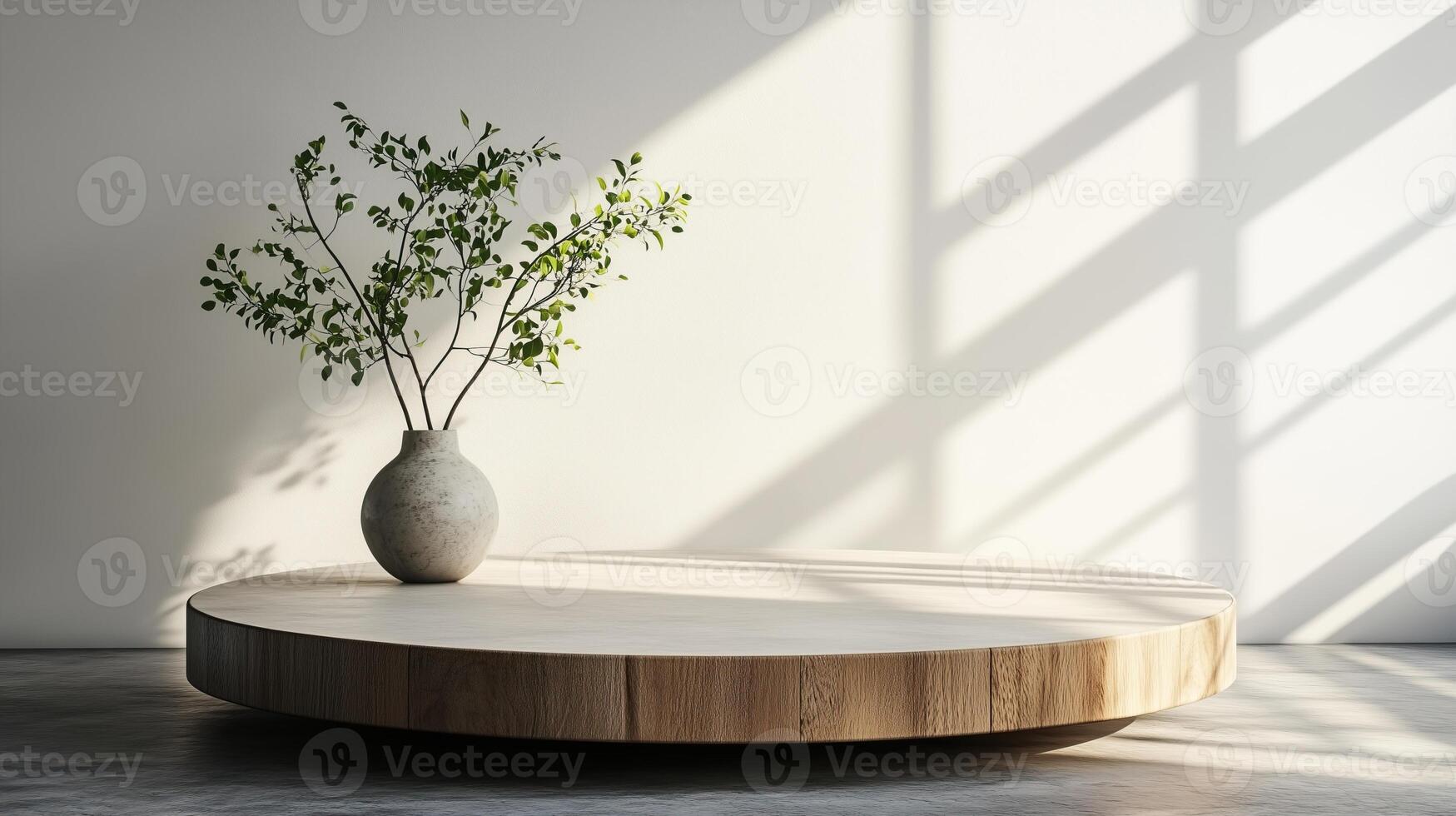 minimalist botanical podium with white walls, concrete floor photo