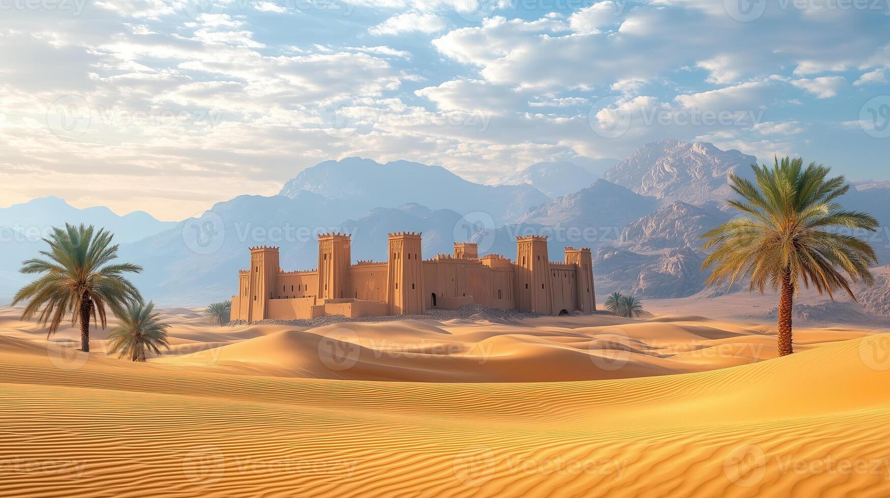 Ancient Fortress in the Desert A Majestic Oasis Landscape photo