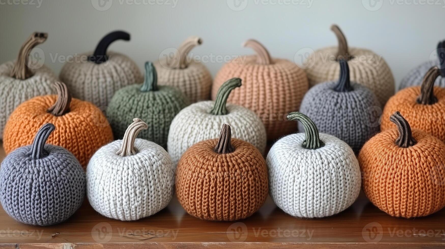 A cozy collection of crocheted pumpkins in various shades photo
