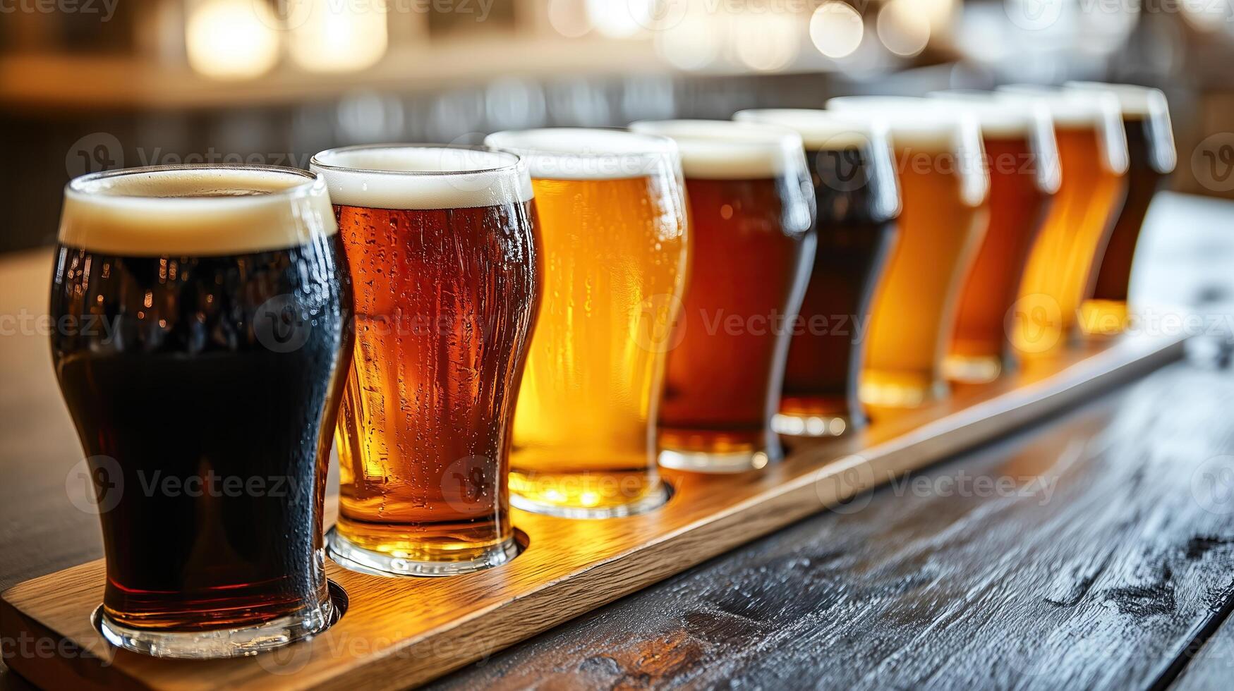 Close up of a rack of different kinds of beers, dark to light, on a table. photo