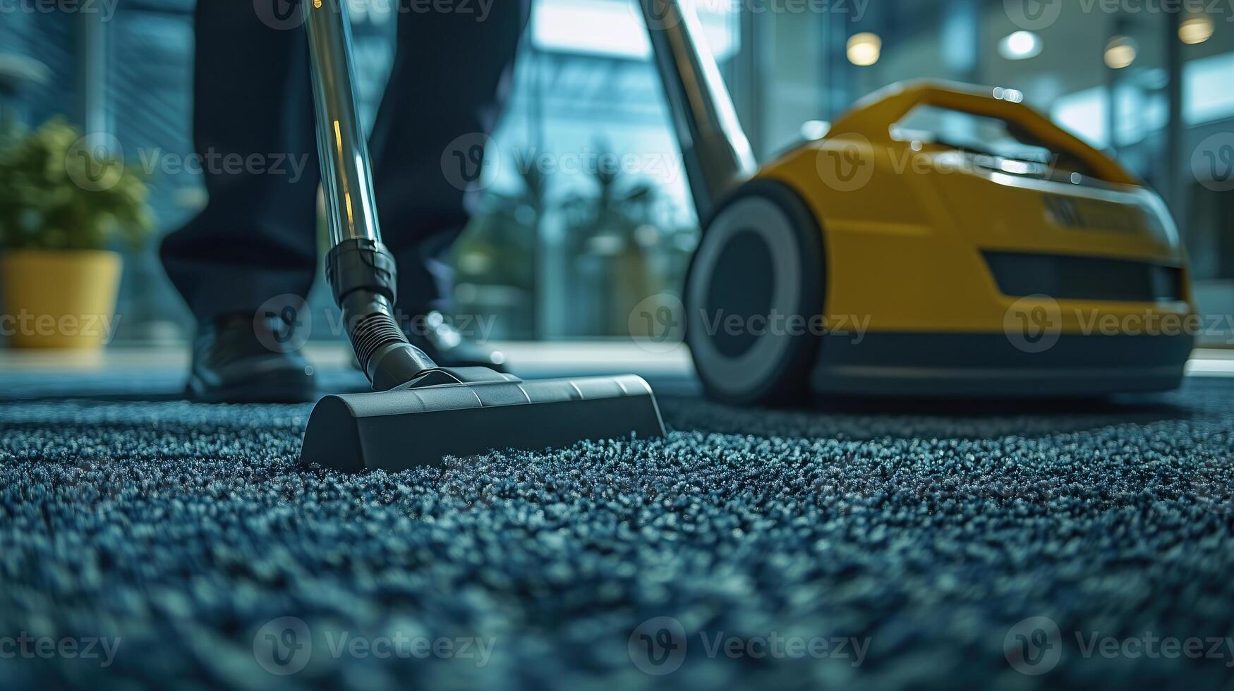 Close-up of a janitor vacuuming a carpet photo