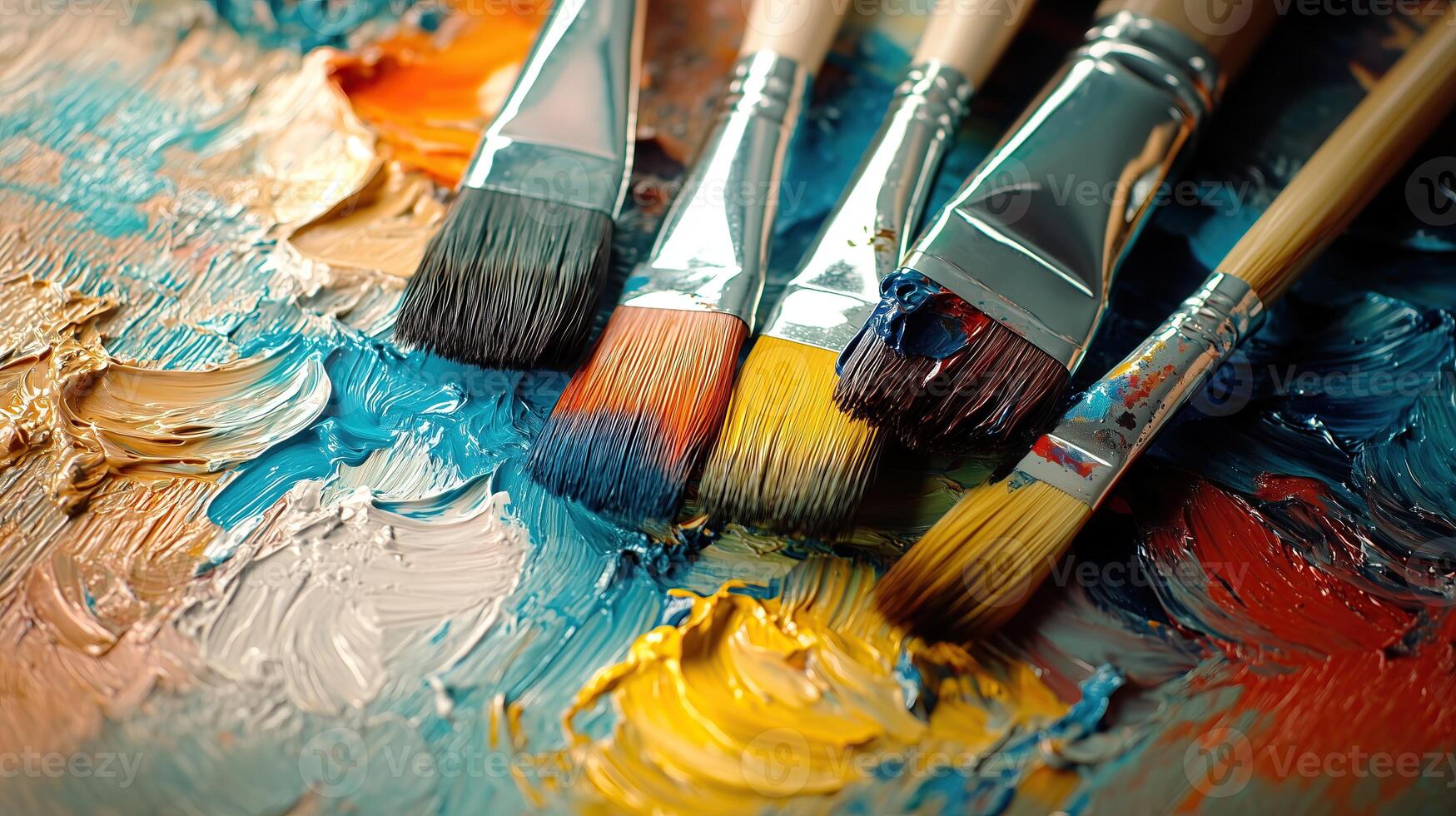 Painter's Palette with Brushes on Colorful Thick Oil Paint Texture photo