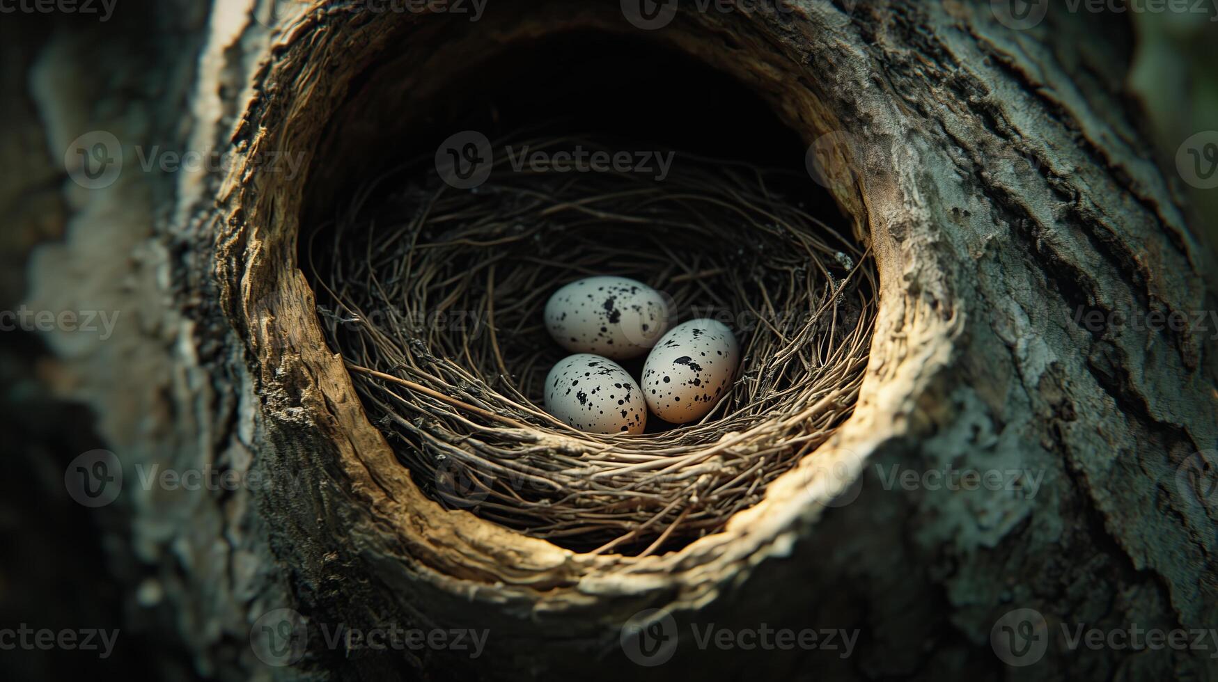 A bird's nest inside a hollow tree trunk, hidden among the shadows photo