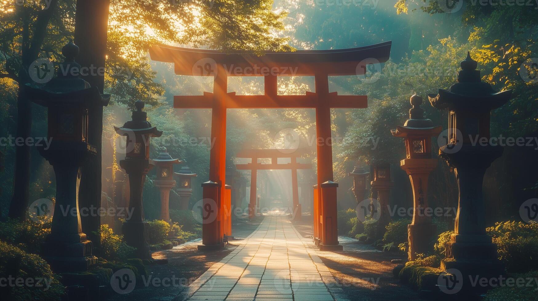 A deserted Shinto shrine with vibrant red torii gates and stone lanterns photo