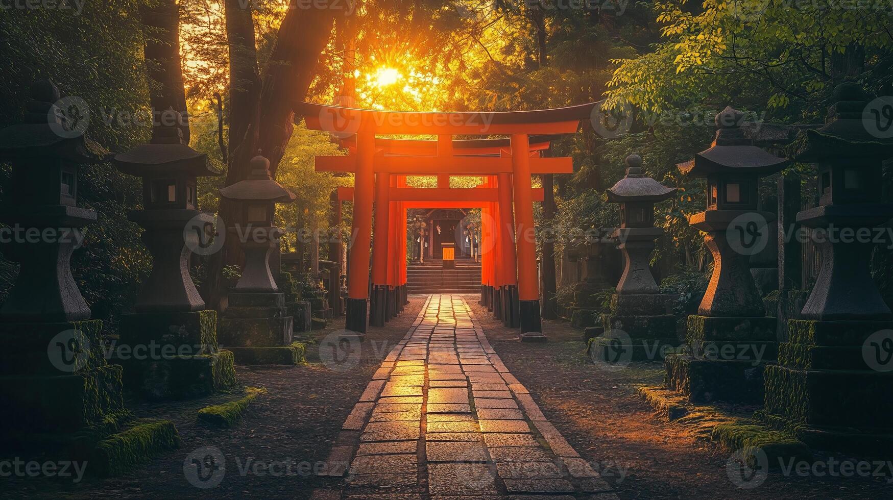 A deserted Shinto shrine with vibrant red torii gates and stone lanterns photo
