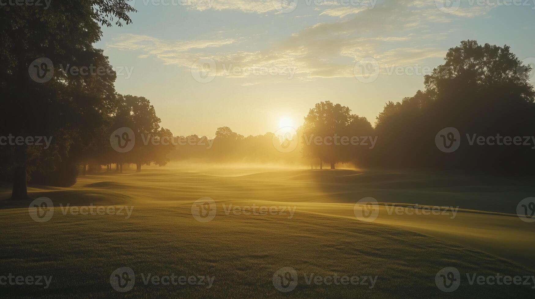 A serene golf course at sunrise, with mist rising from the grass photo
