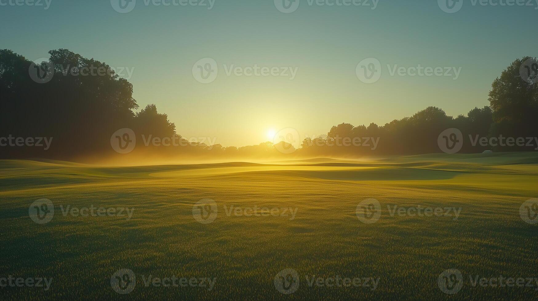 A serene golf course at sunrise, with mist rising from the grass photo