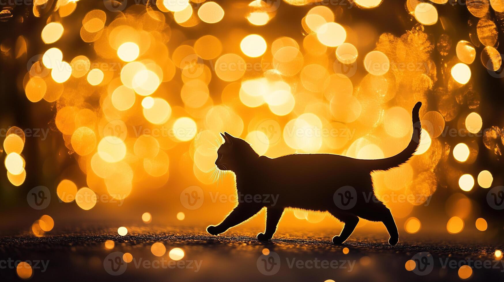 A silhouette of a cat walking against a background of bokeh lights photo
