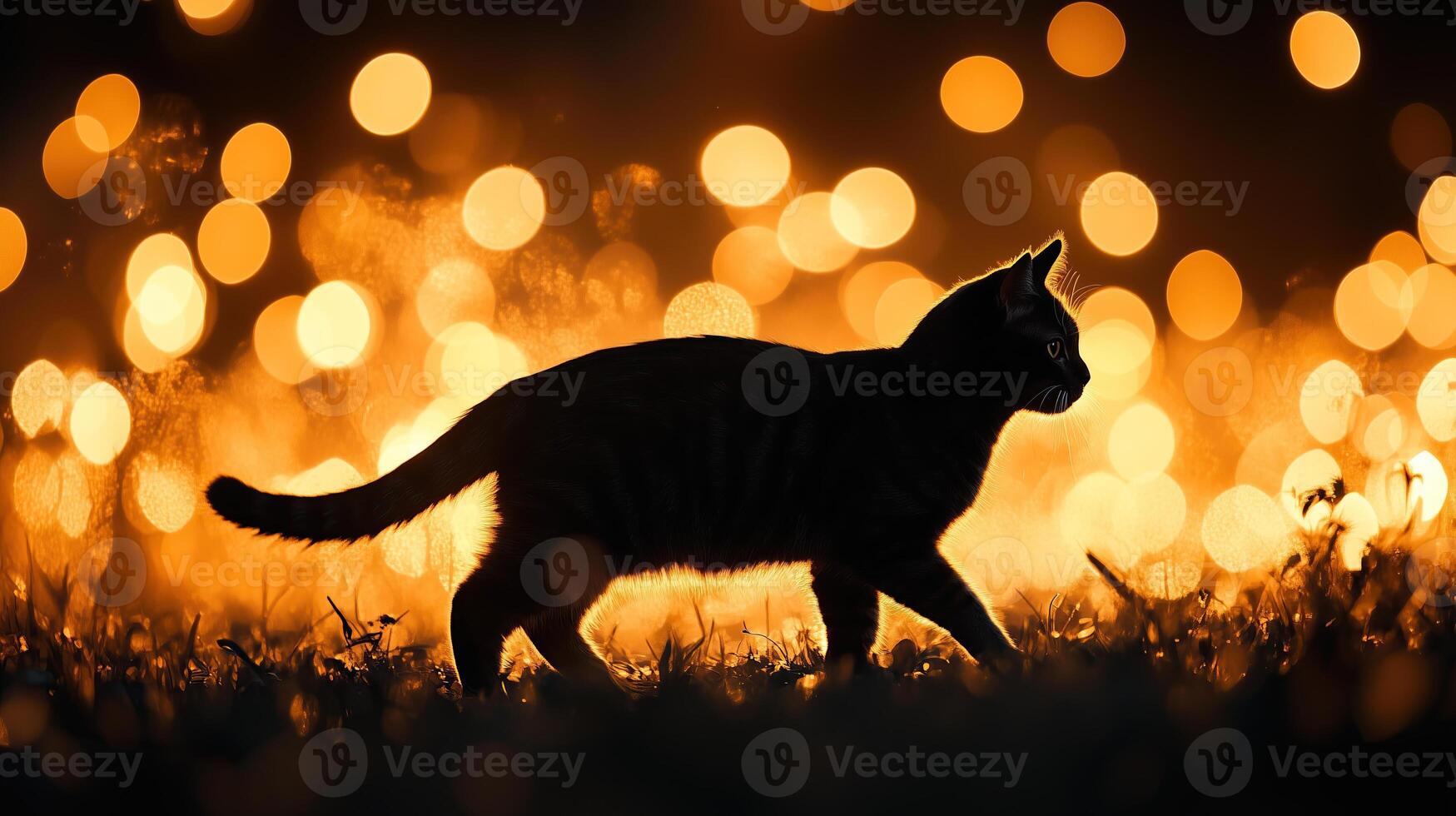 A silhouette of a cat walking against a background of bokeh lights photo