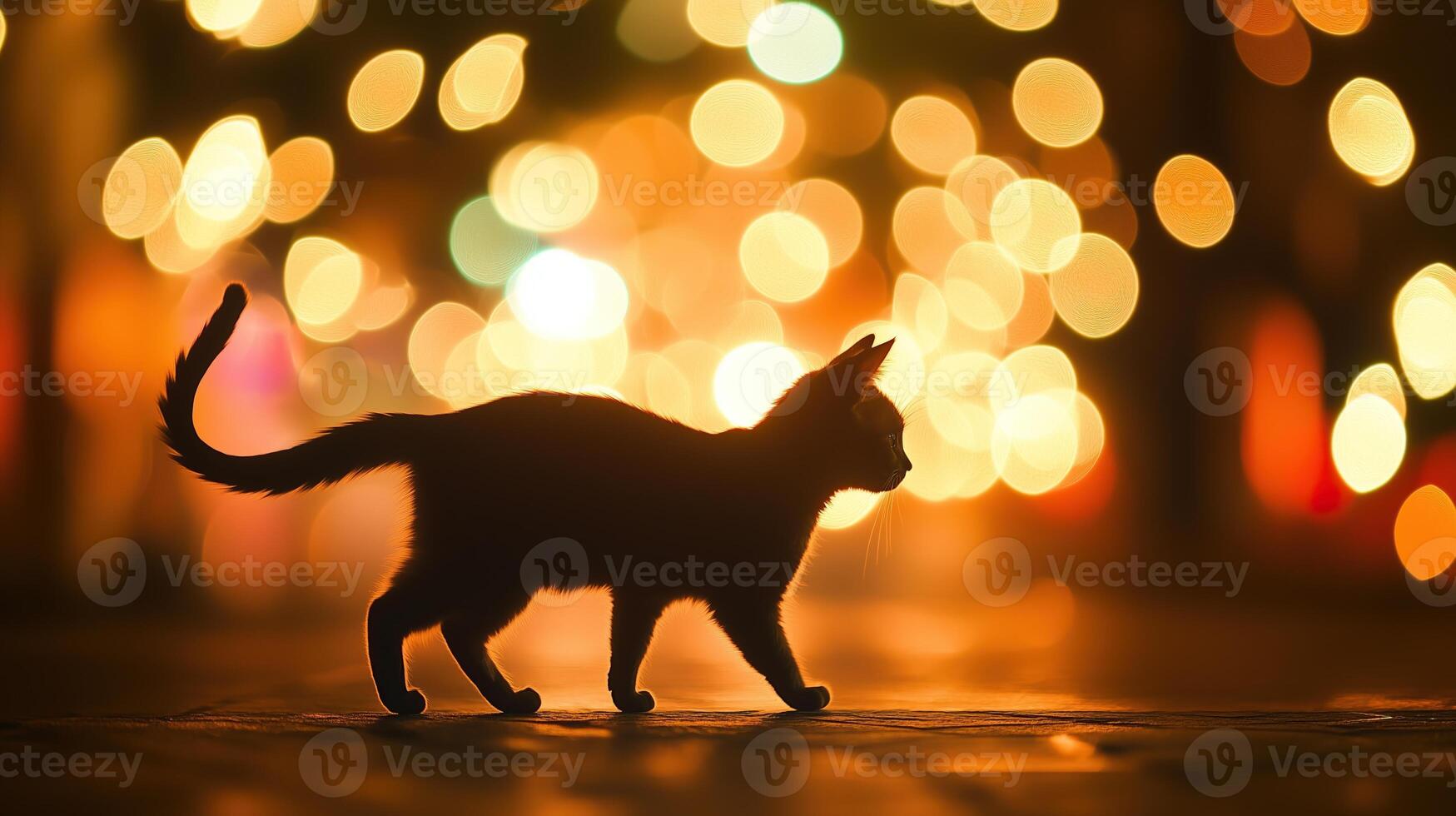 A silhouette of a cat walking against a background of bokeh lights photo