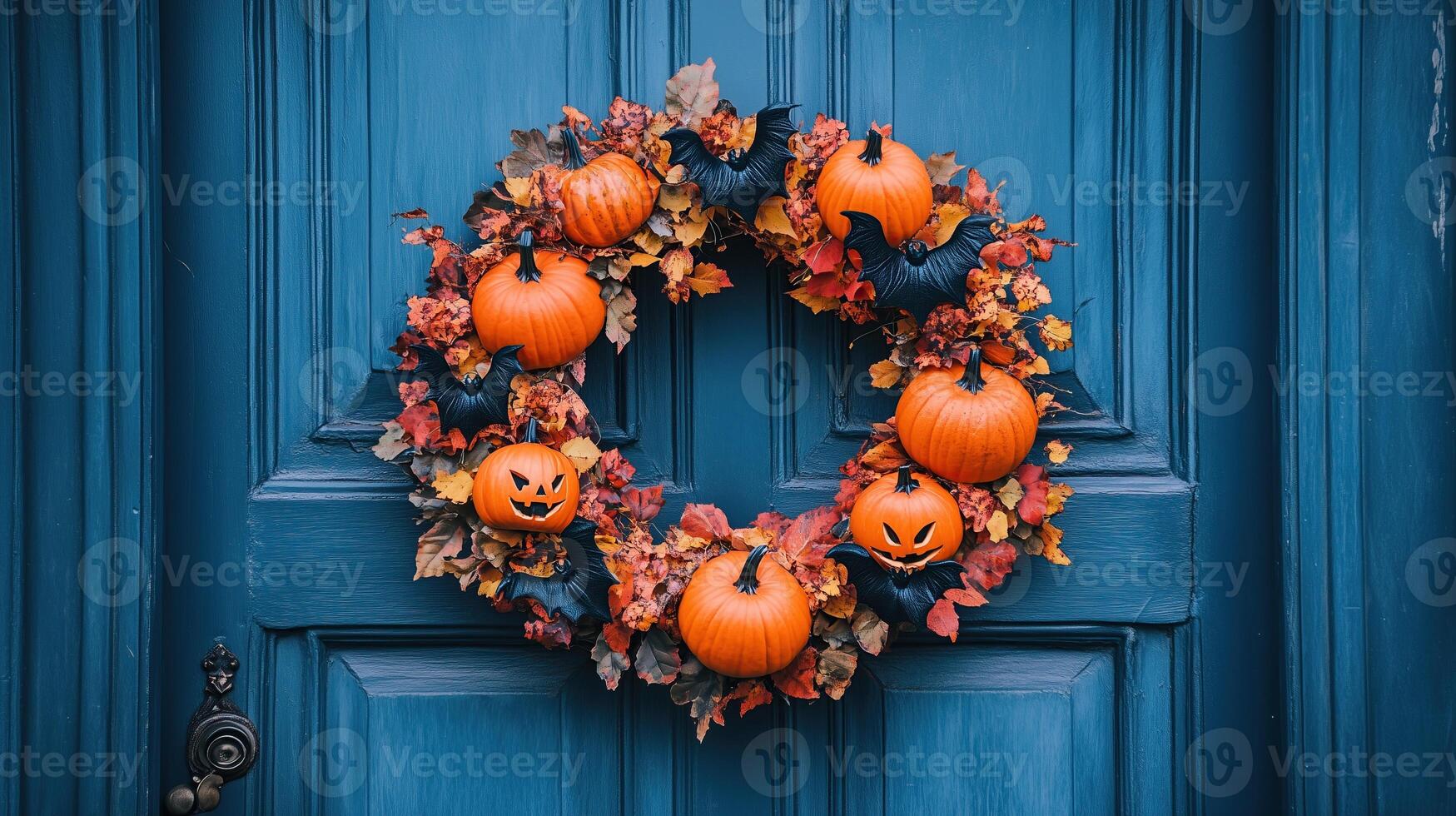 Halloween wreath with bats and pumpkins on a door photo
