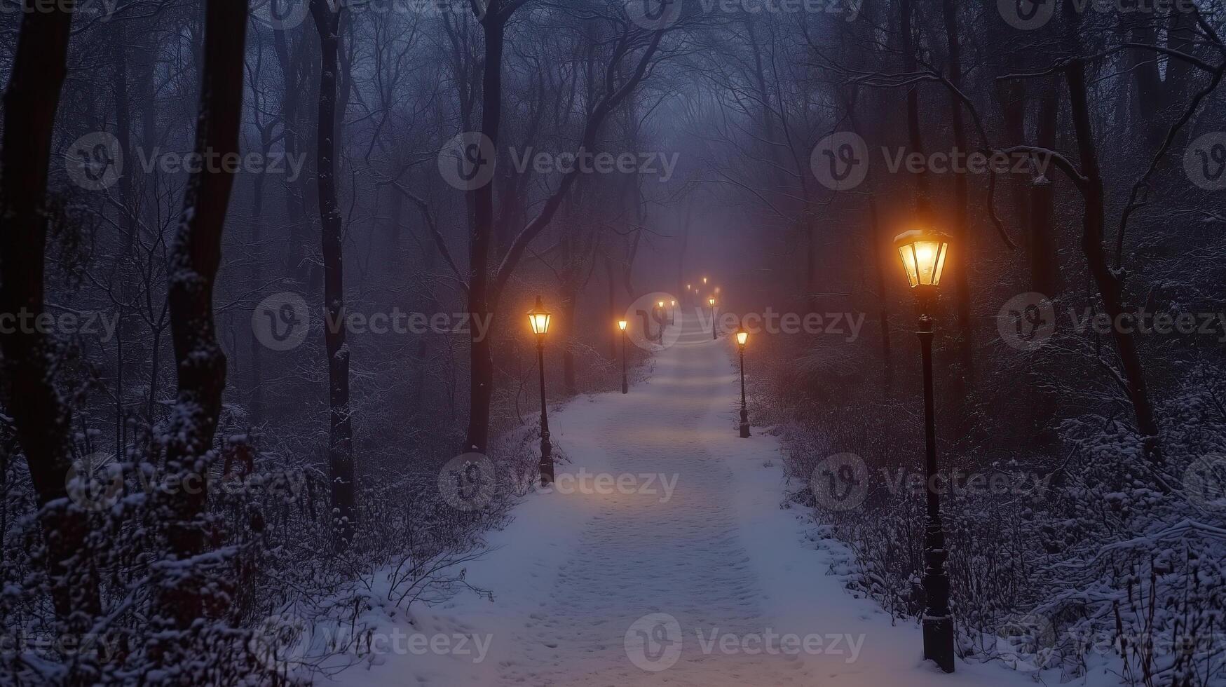 Snowy Path Through a Forest with Streetlights at Dusk photo