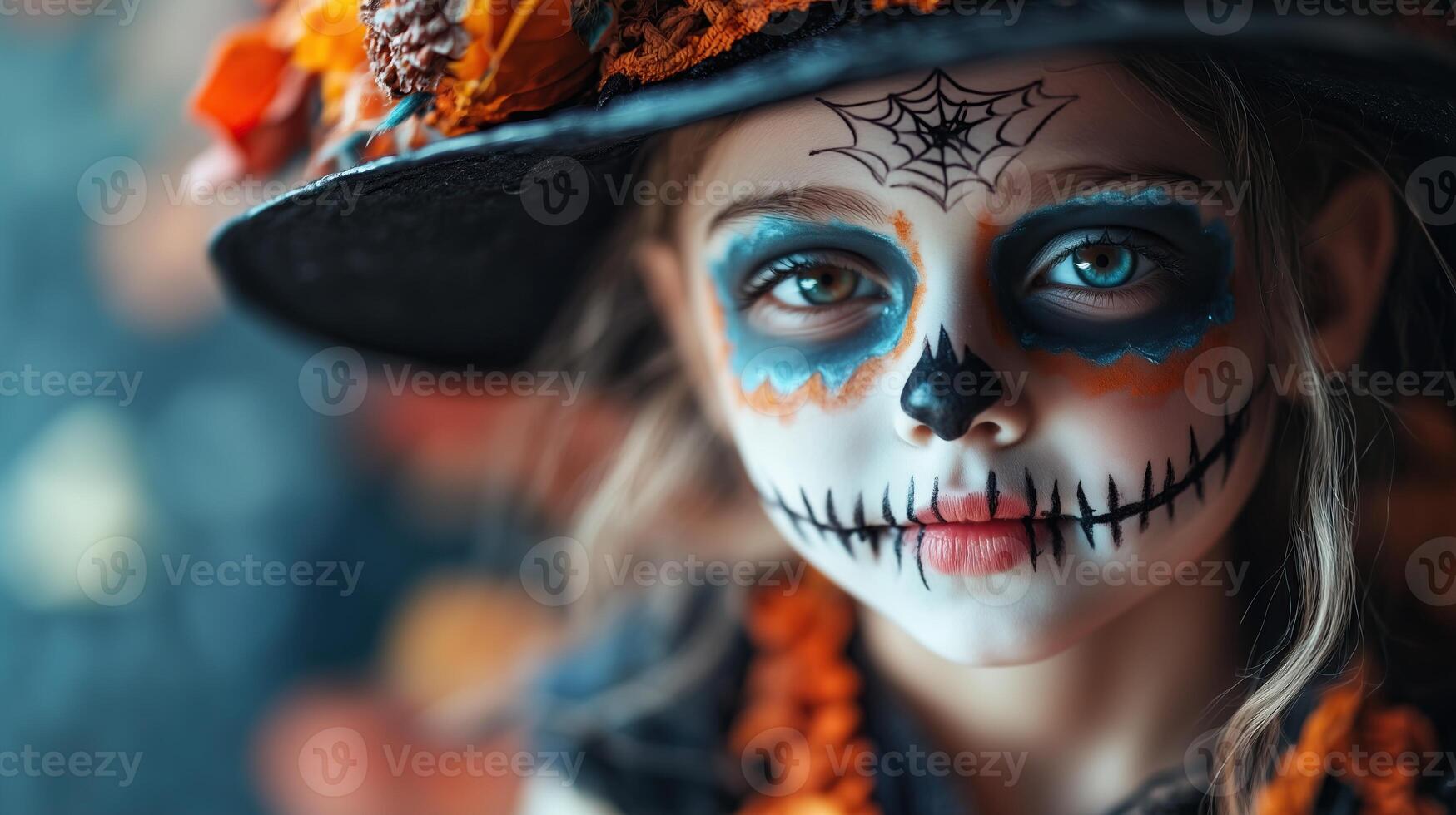 A child with Halloween make-up on a dark background photo