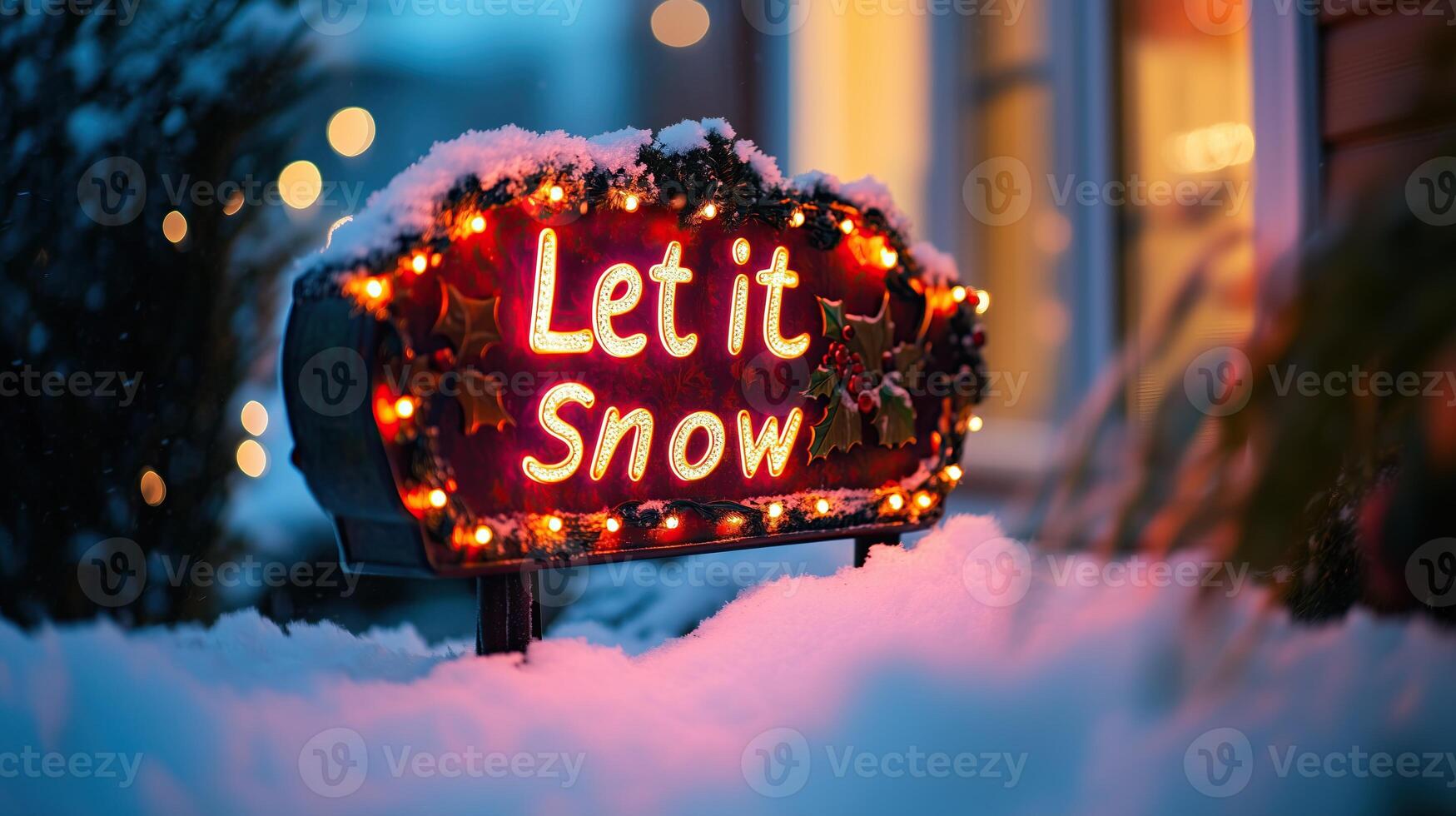 A glowing Let it Snow sign surrounded by snow and festive lights photo