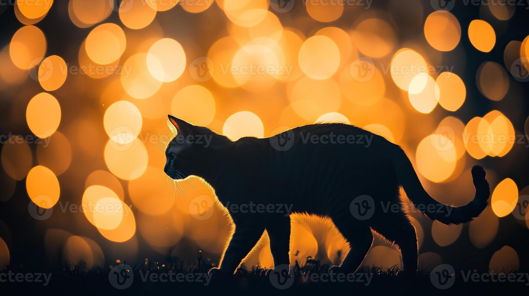 A silhouette of a cat walking against a background of bokeh lights photo